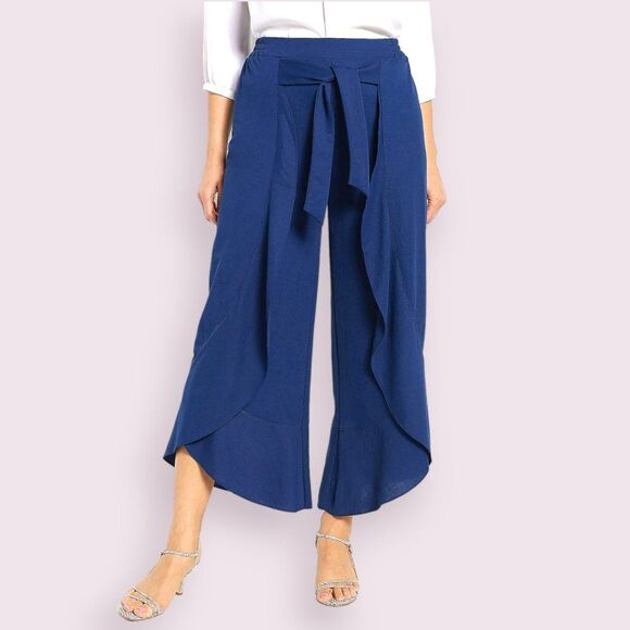 TRUTH + STYLE Blue Flounced Pants Sz LP Stretch Woven Pull On Palazzo Slits - Picture 1 of 11